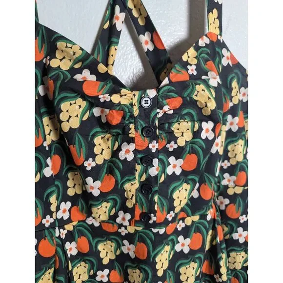Modcloth Black & Orange fruit floral fit flare retro cotton midi dress 1X - Picture 4 of 7